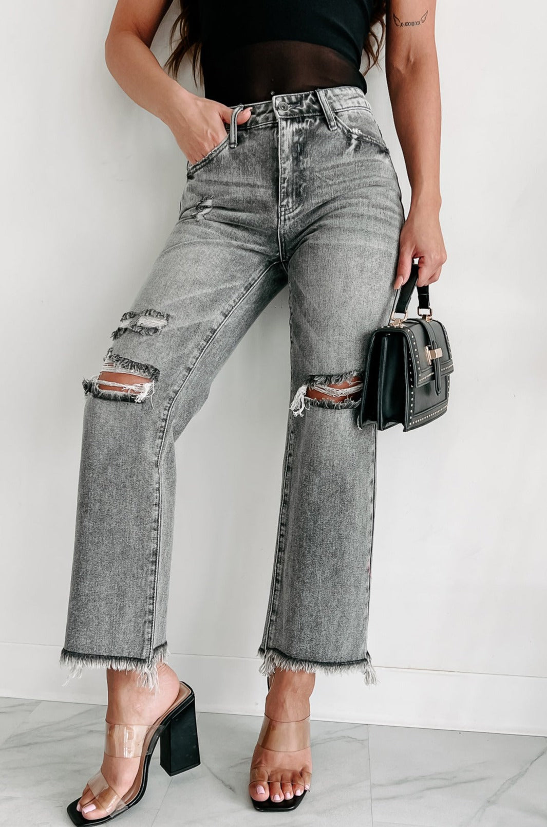 What A Rush High Rise Distressed Special A Mom Jeans (Grey) - NanaMacs