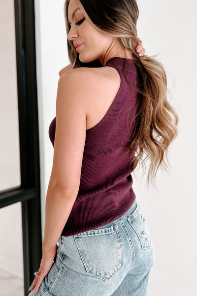 Doorbuster- Greenleigh Mock Neck Ribbed Knit Tank (Egg Plant) - NanaMacs