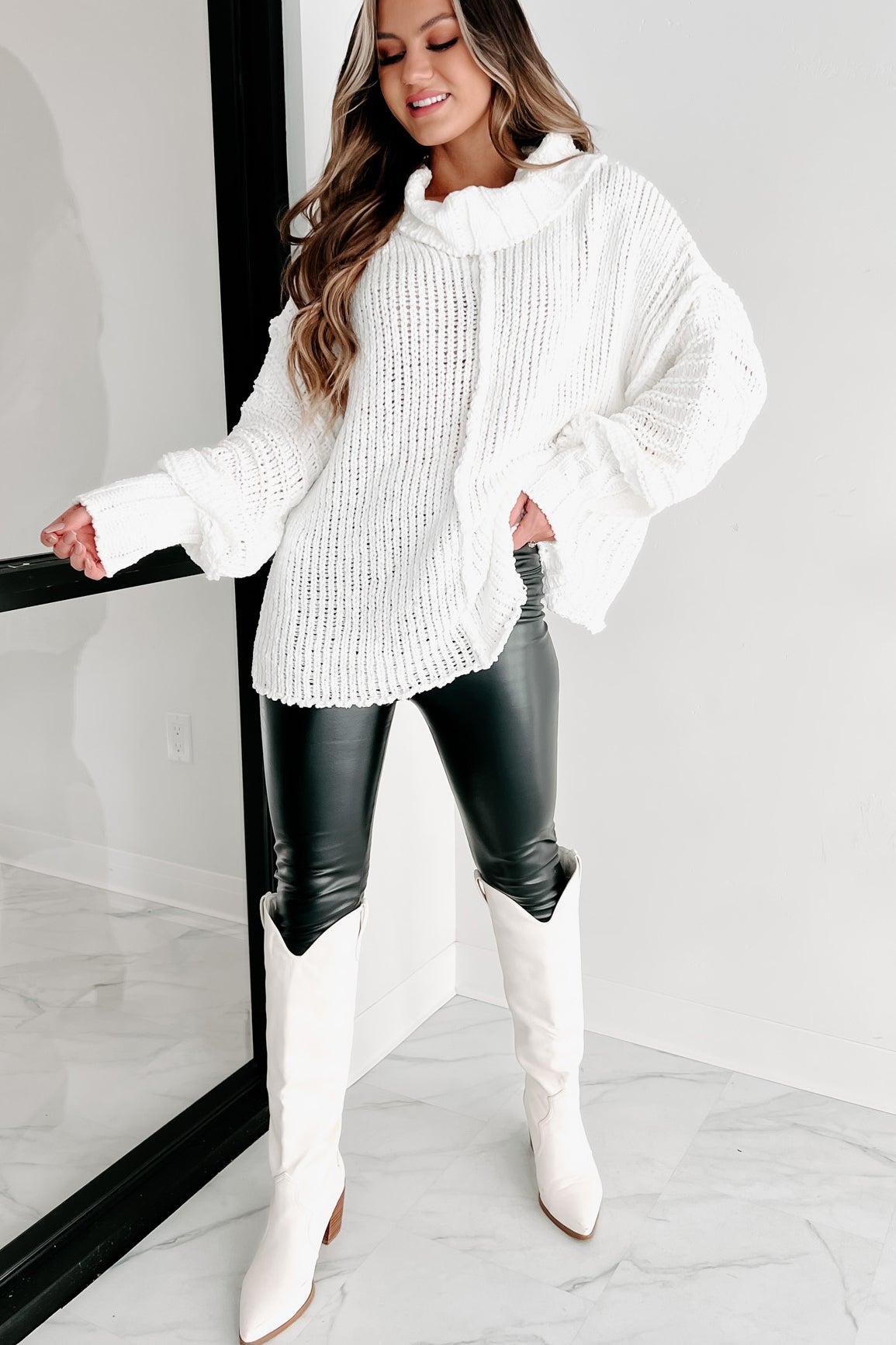 Holiday Steal- Dreaming Of Winter Chenille Cowl Neck Sweater (Off White) - NanaMacs