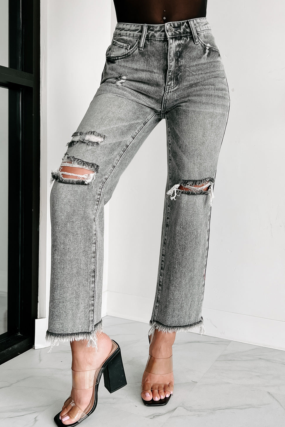 What A Rush High Rise Distressed Special A Mom Jeans (Grey)