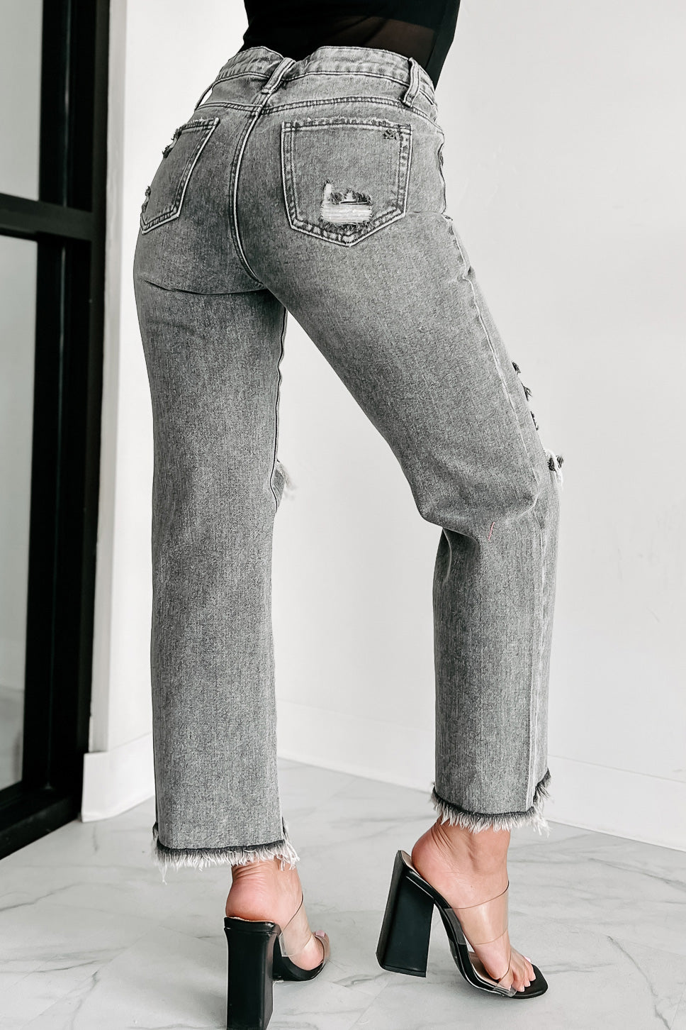 What A Rush High Rise Distressed Special A Mom Jeans (Grey)