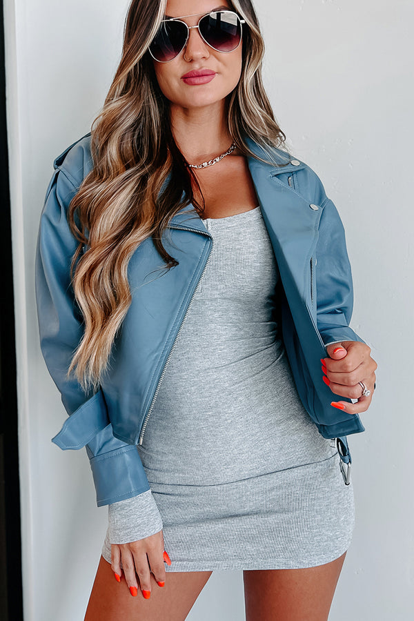 Addicted To Danger Faux Leather Moto Jacket (Blue) - NanaMacs