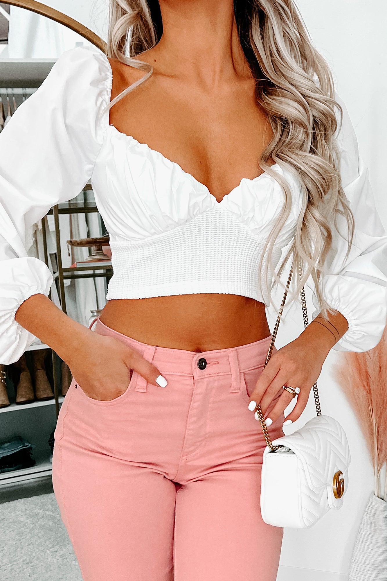 Impressed With You Balloon Sleeve Waffle Detailed Crop Top (Off White) - NanaMacs
