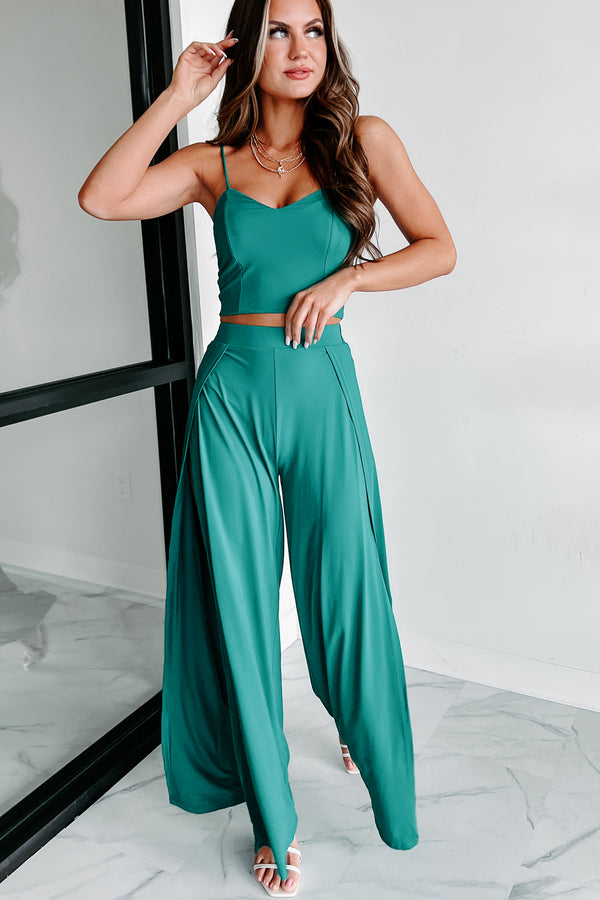 Driving To Malibu Crop Top & Pant Two-Piece Set (Teal Green) - NanaMacs