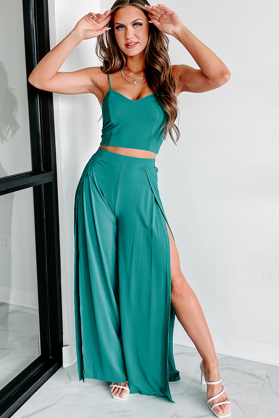 Driving To Malibu Crop Top & Pant Two-Piece Set (Teal Green) - NanaMacs