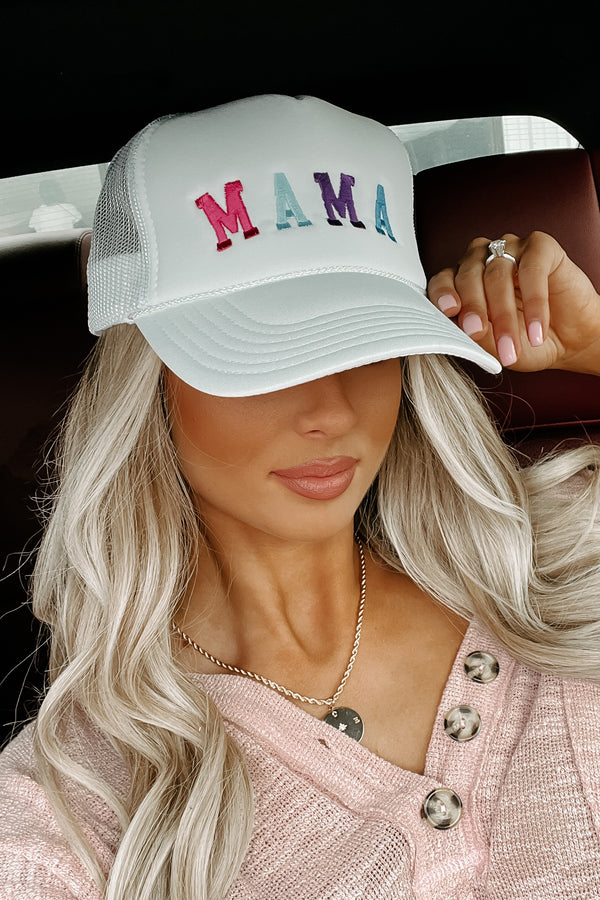 "Mama" Embroidered Foam Trucker Cap (White) - NanaMacs