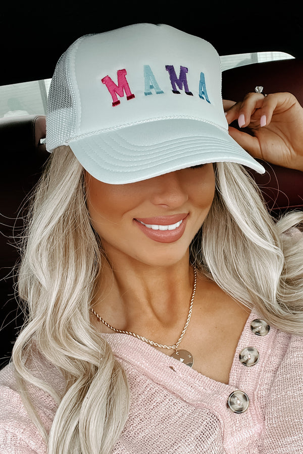 "Mama" Embroidered Foam Trucker Cap (White) - NanaMacs