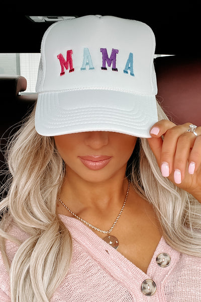 "Mama" Embroidered Foam Trucker Cap (White) - NanaMacs