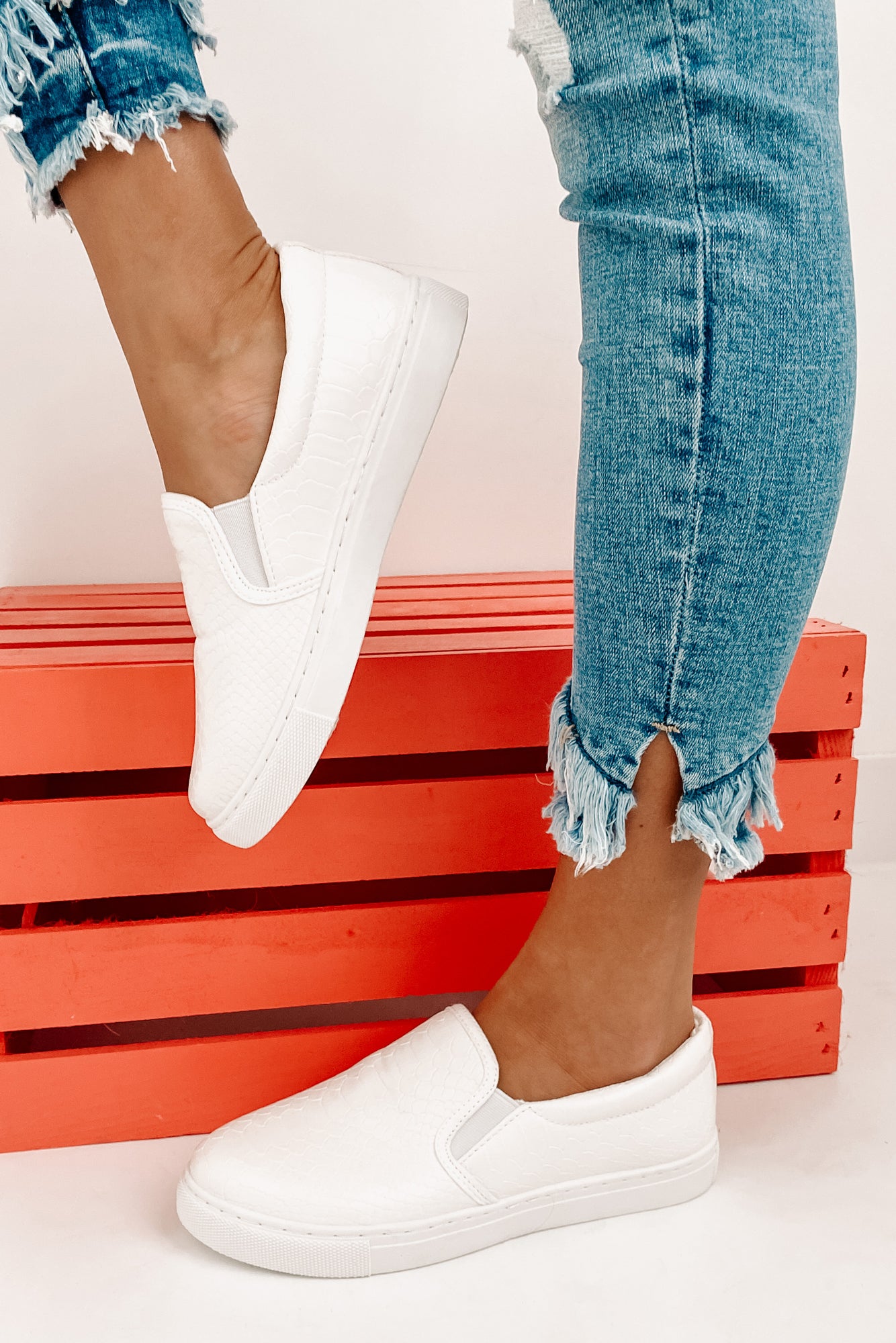 White faux leather on sale slip on sneakers