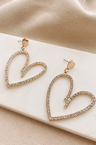 Chic Hearts Rhinestone Heart Dangle Earrings (Gold) - NanaMacs