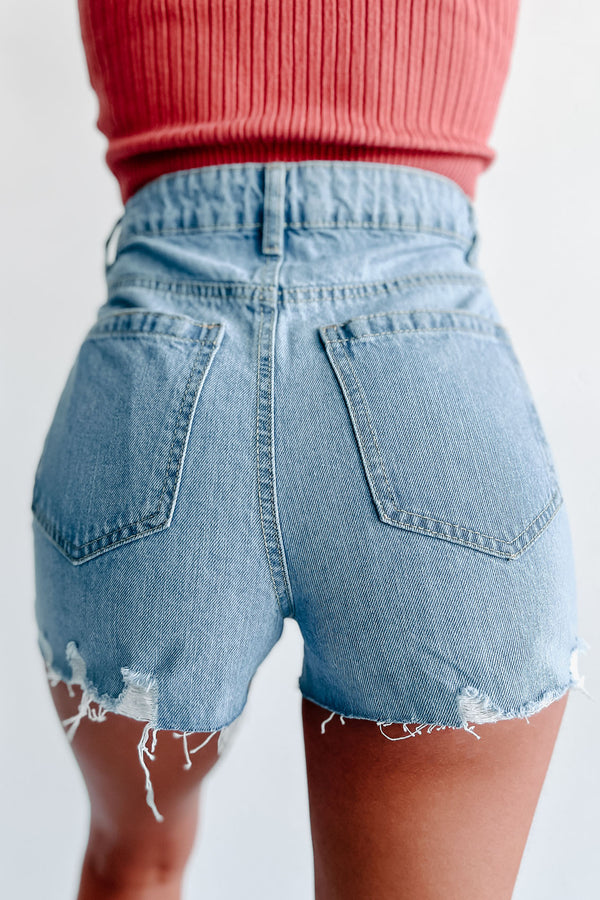 No Big Deal High Rise Distressed Raw Hem Shorts (Light Blue) - NanaMacs