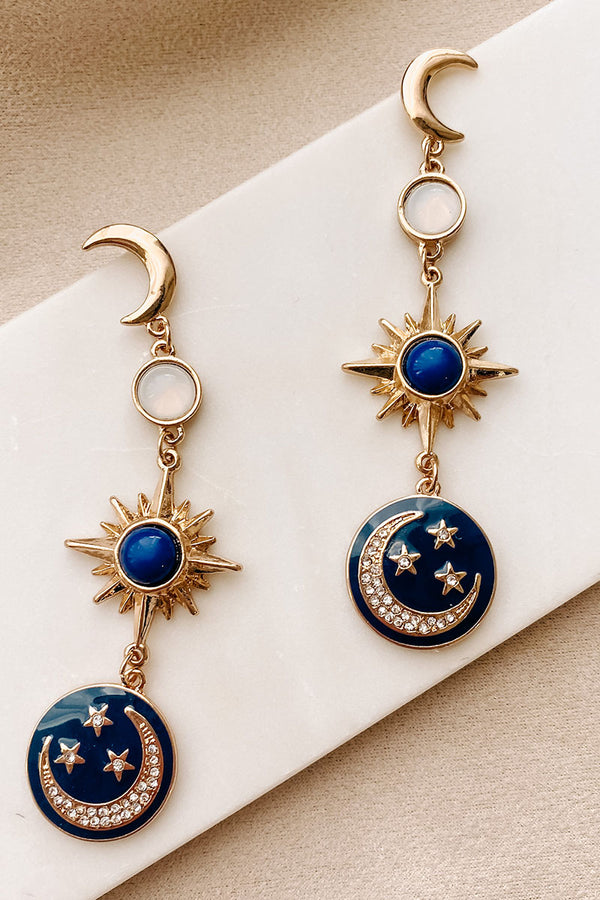 All My Stars Dangle Star And Moon Earrings (Gold/Navy) - NanaMacs