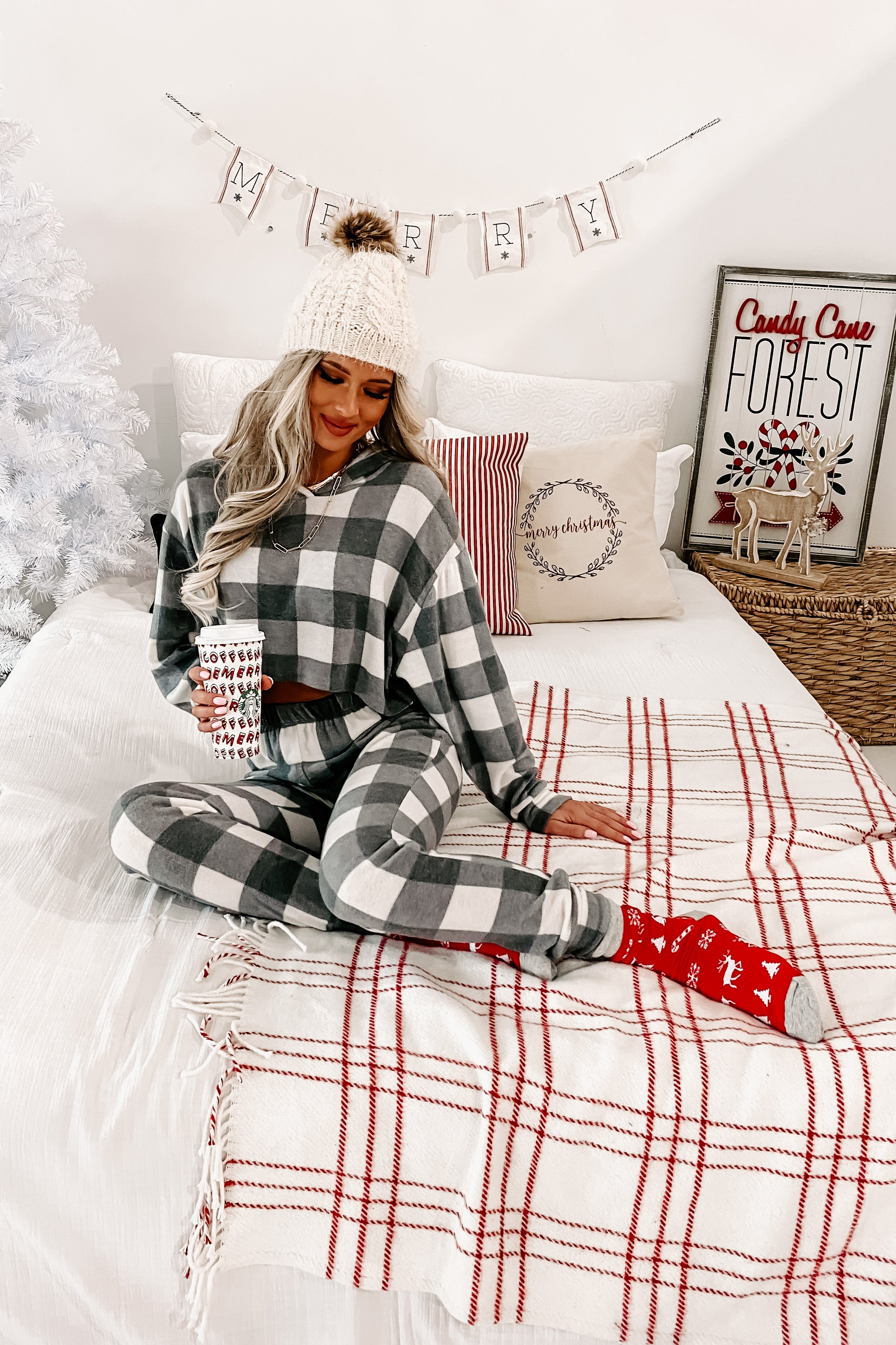 Sweet Slumber Checkered Plaid Two Piece Set (Grey/White) - NanaMacs