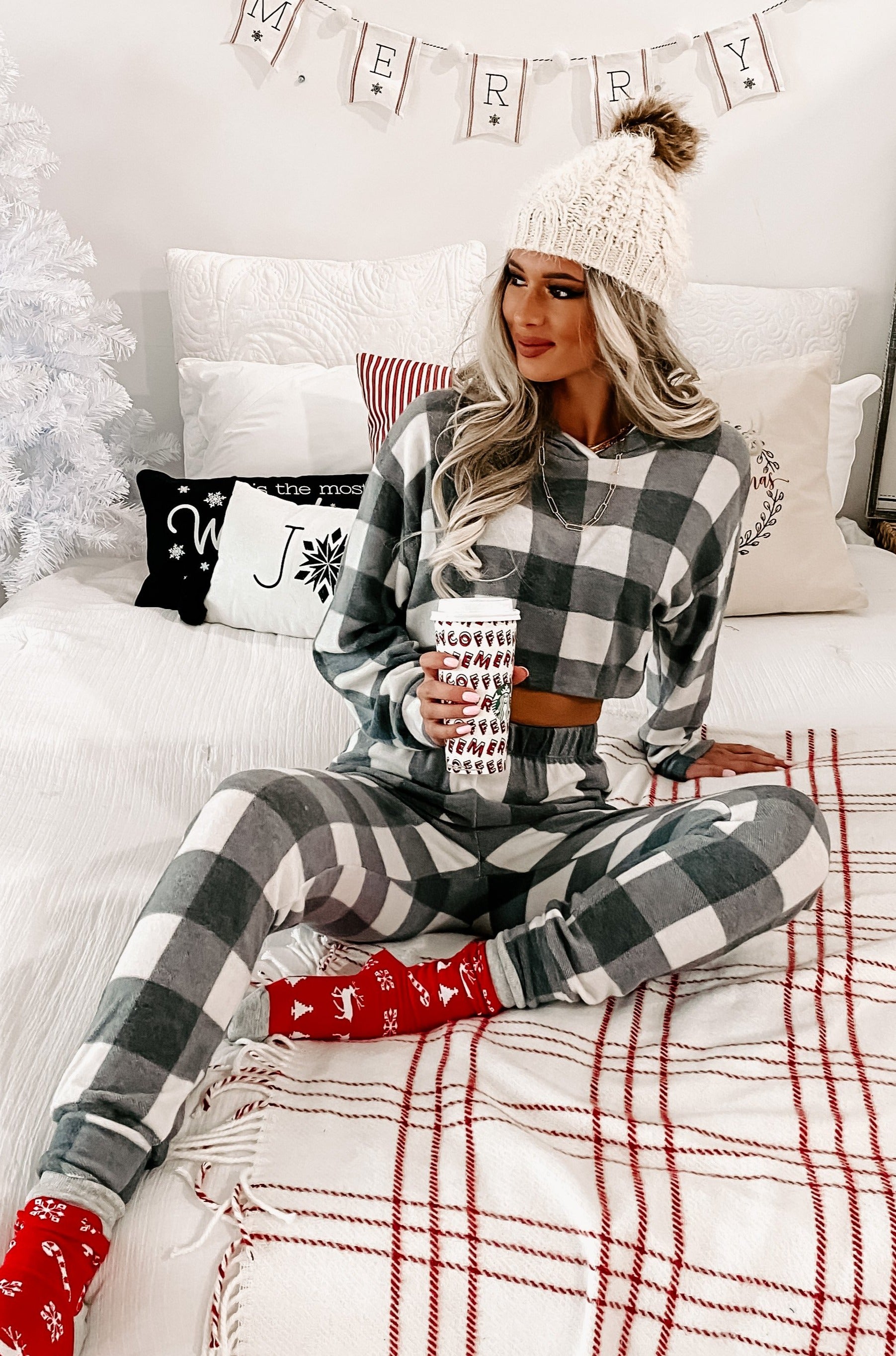 Sweet Slumber Checkered Plaid Two Piece Set (Grey/White) - NanaMacs