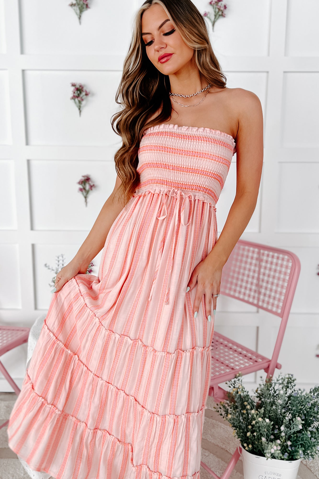 Truly Sweet Striped Strapless Midi Dress (Pink Multi) - NanaMacs