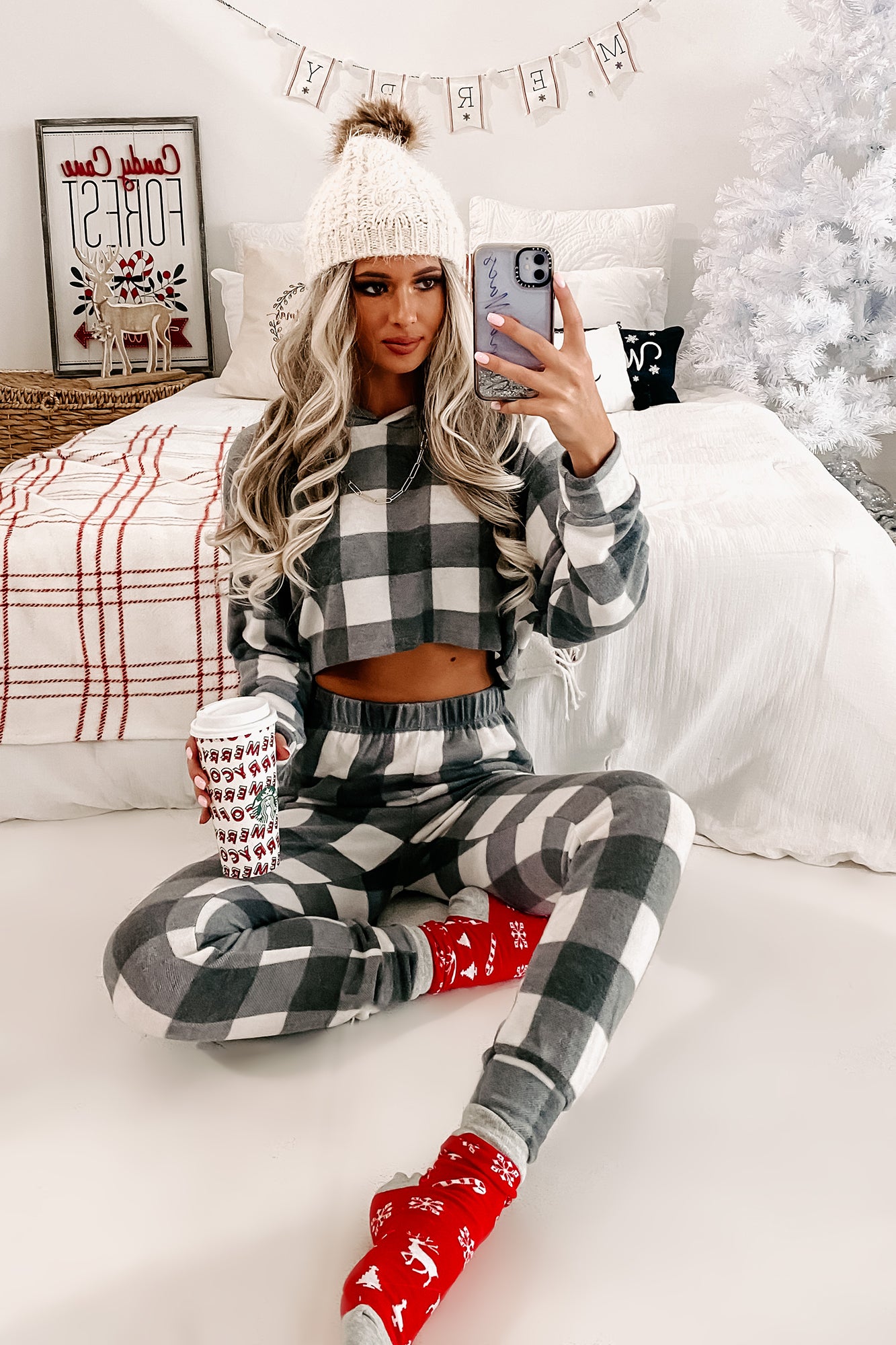 Sweet Slumber Checkered Plaid Two Piece Set (Grey/White) - NanaMacs