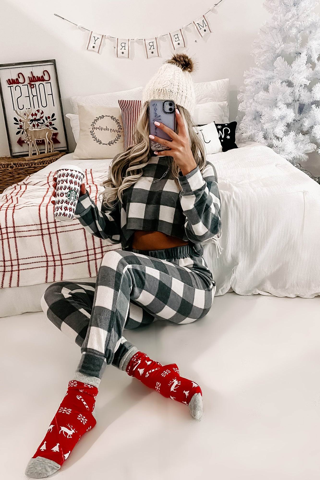 Sweet Slumber Checkered Plaid Two Piece Set (Grey/White) - NanaMacs