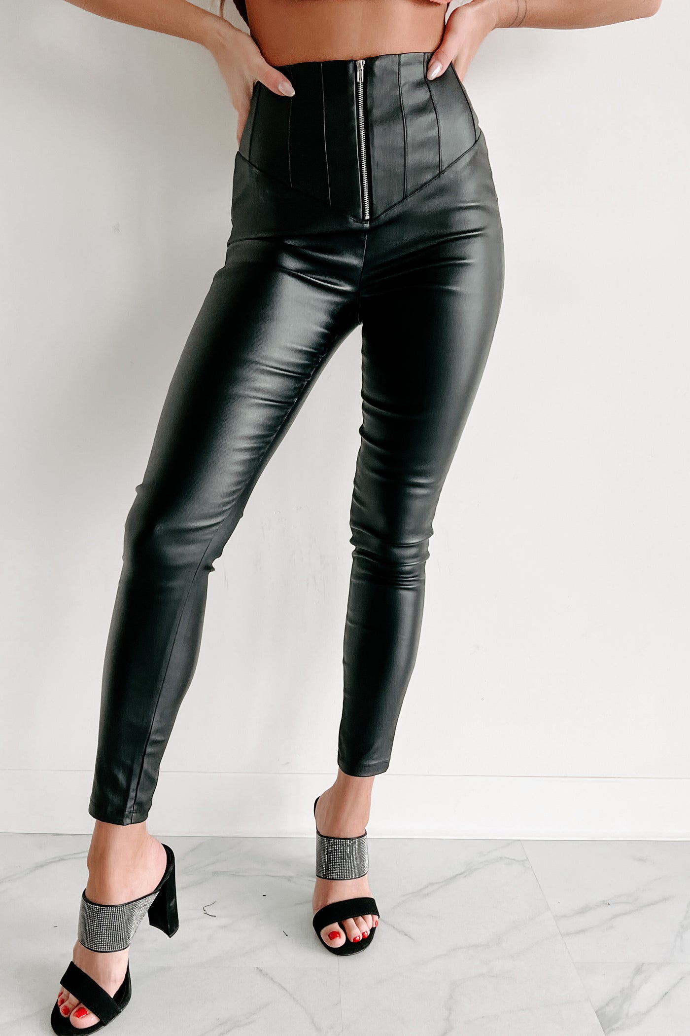 Black Faux Leather Pants/ High Waisted Women Leather Pants