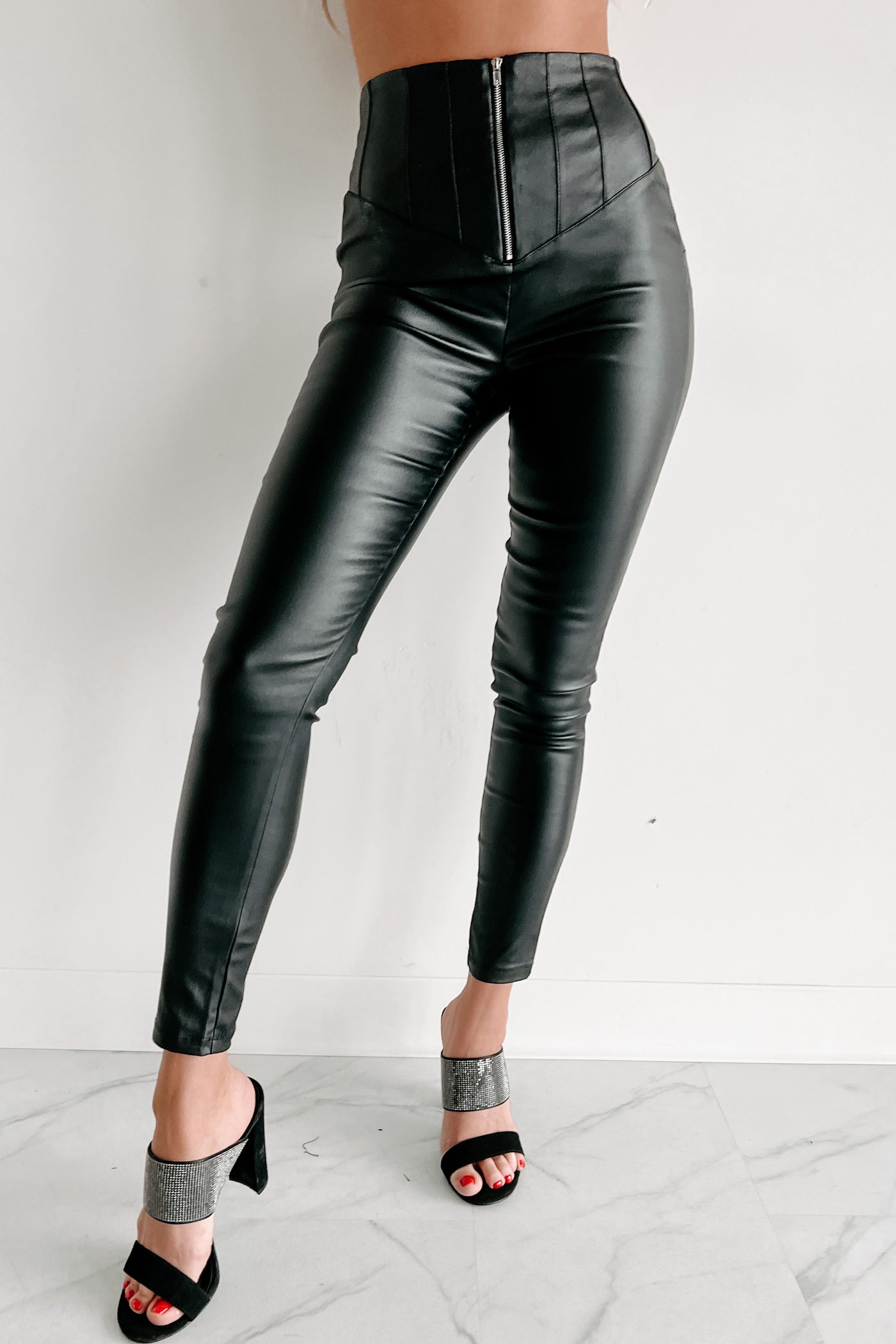 Hide Your Crazy Zipper Front Faux Leather Pants (Black)