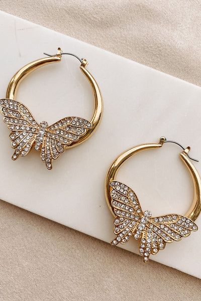 Flutter & Shine Rhinestone Butterfly Hoops (Gold) - NanaMacs