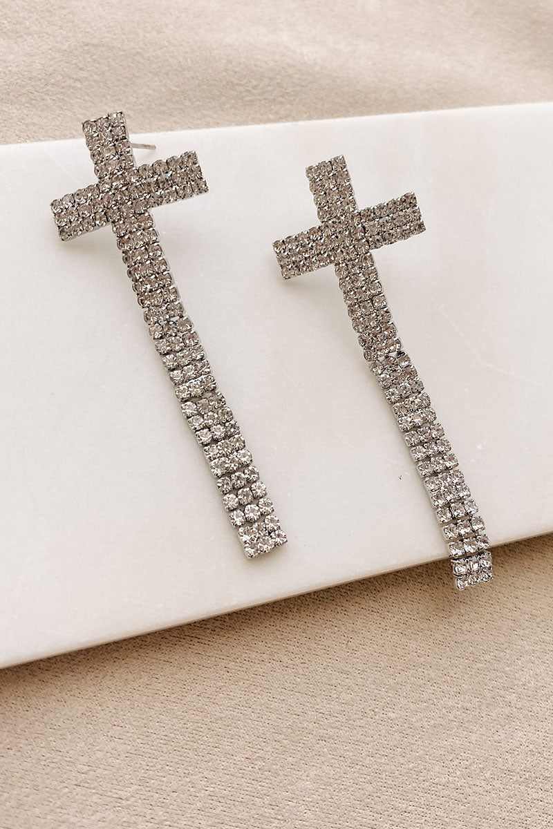 Fashionable Blessings Rhinestone Cross Earrings (Silver) - NanaMacs