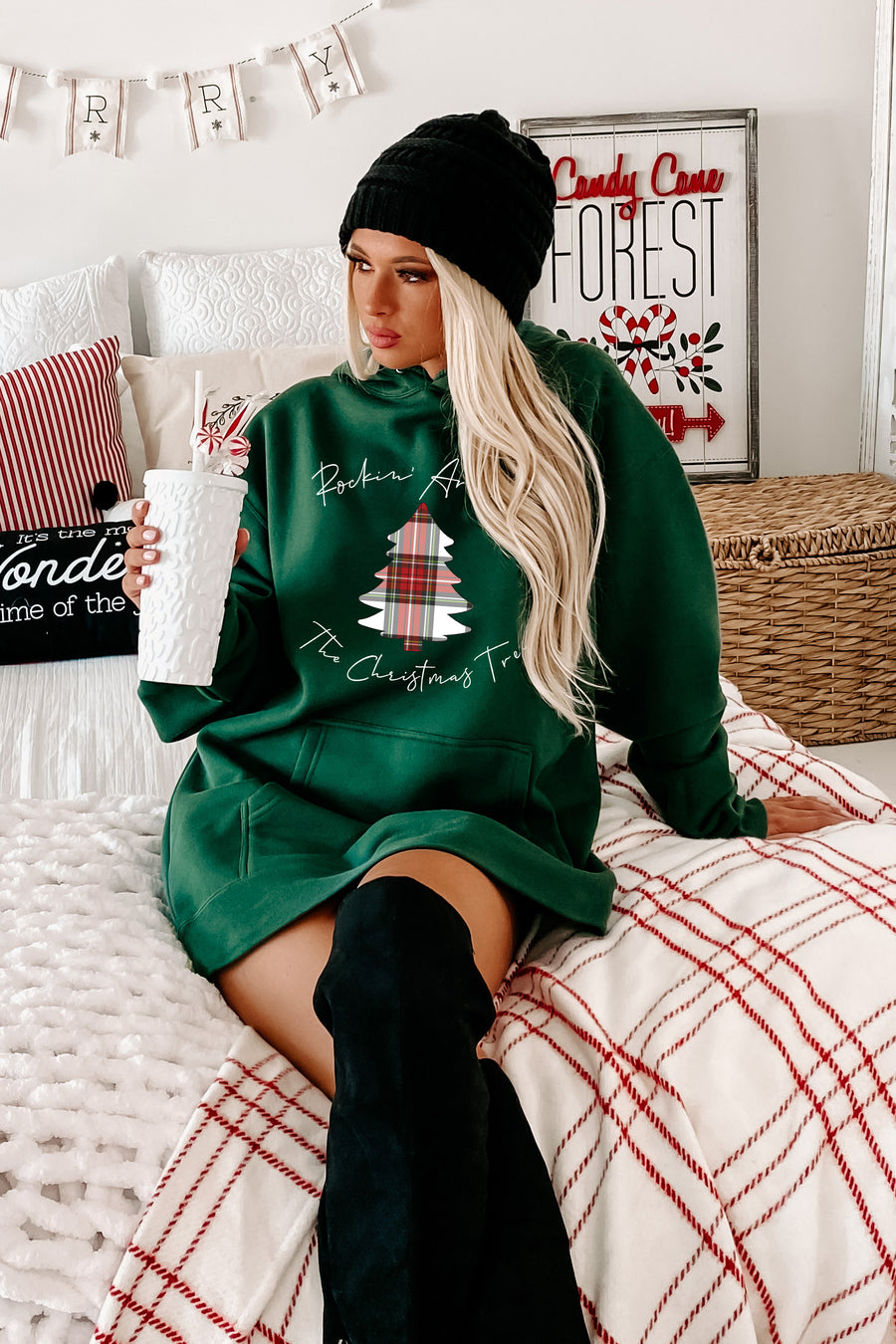 "Rockin' Around The Christmas Tree" Graphic Hoodie (Alpine Green) - Print On Demand - NanaMacs