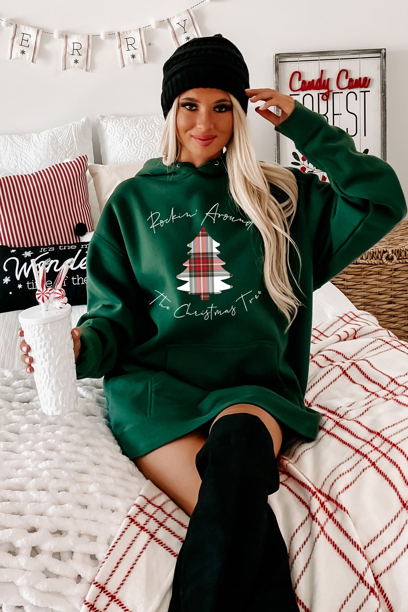 "Rockin' Around The Christmas Tree" Graphic Hoodie (Alpine Green) - Print On Demand - NanaMacs