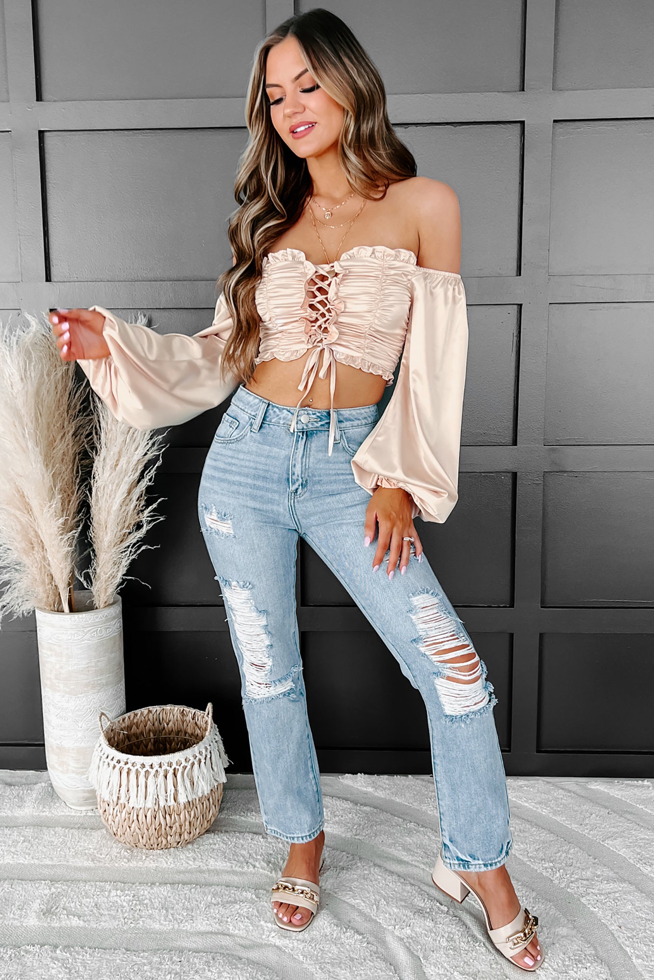 Taking Names Ruched Lace-Up Crop Top (Champagne) - NanaMacs
