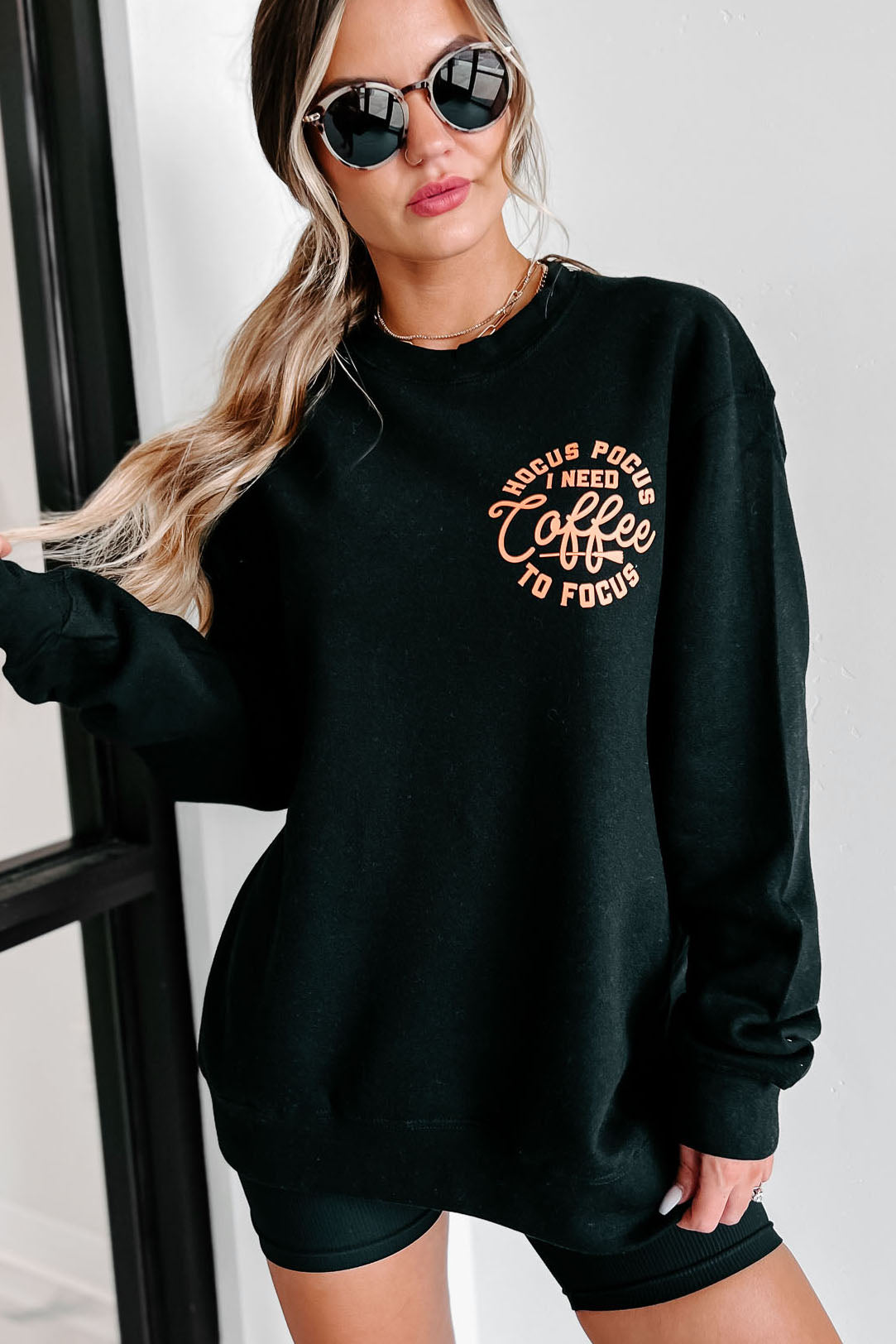 "Hocus Pocus I Need Coffee To Focus" Double-Sided Graphic Crewneck (Black) - Print On Demand - NanaMacs