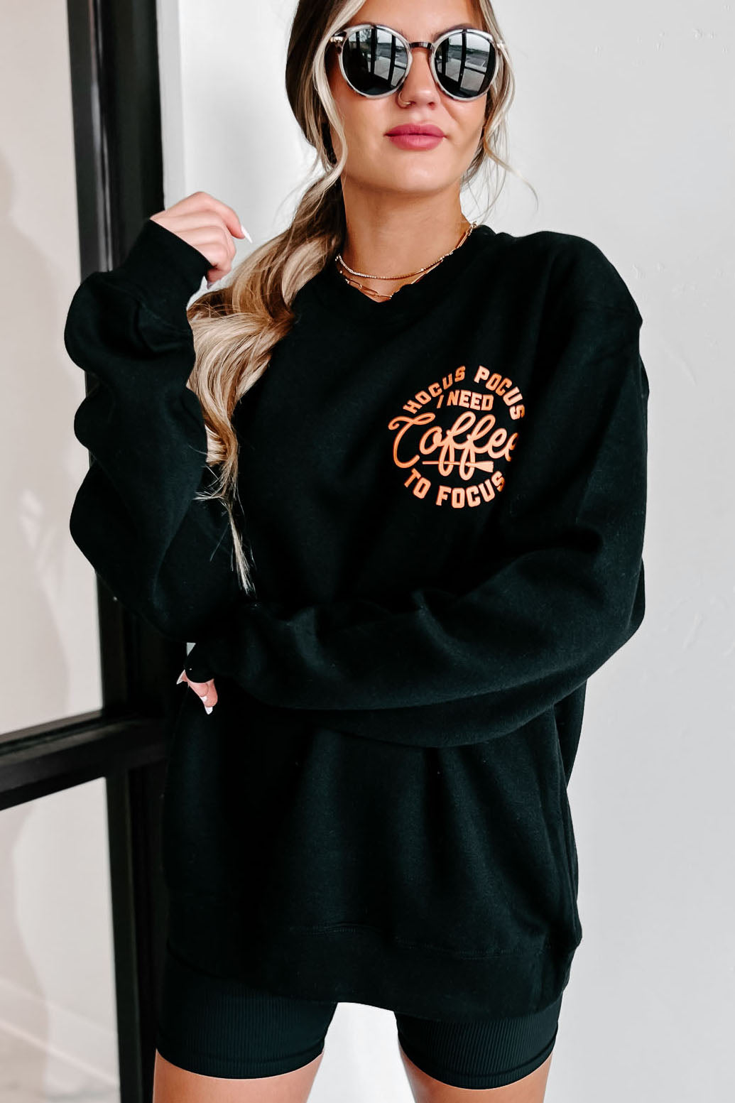 "Hocus Pocus I Need Coffee To Focus" Double-Sided Graphic Crewneck (Black) - Print On Demand - NanaMacs