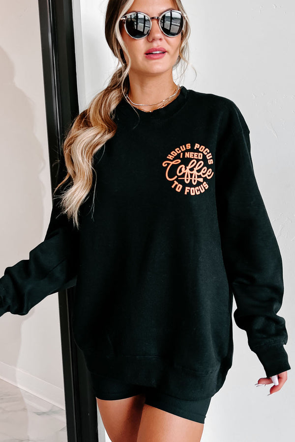 "Hocus Pocus I Need Coffee To Focus" Double-Sided Graphic Crewneck (Black) - Print On Demand - NanaMacs