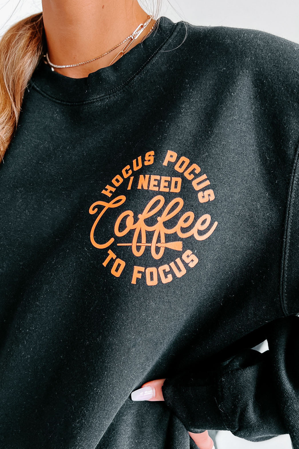 "Hocus Pocus I Need Coffee To Focus" Double-Sided Graphic Crewneck (Black) - Print On Demand - NanaMacs