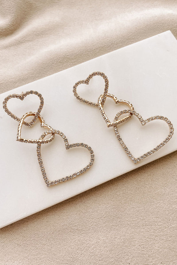 Major Heart Rhinestone Intertwined Heart Earrings (Gold) - NanaMacs