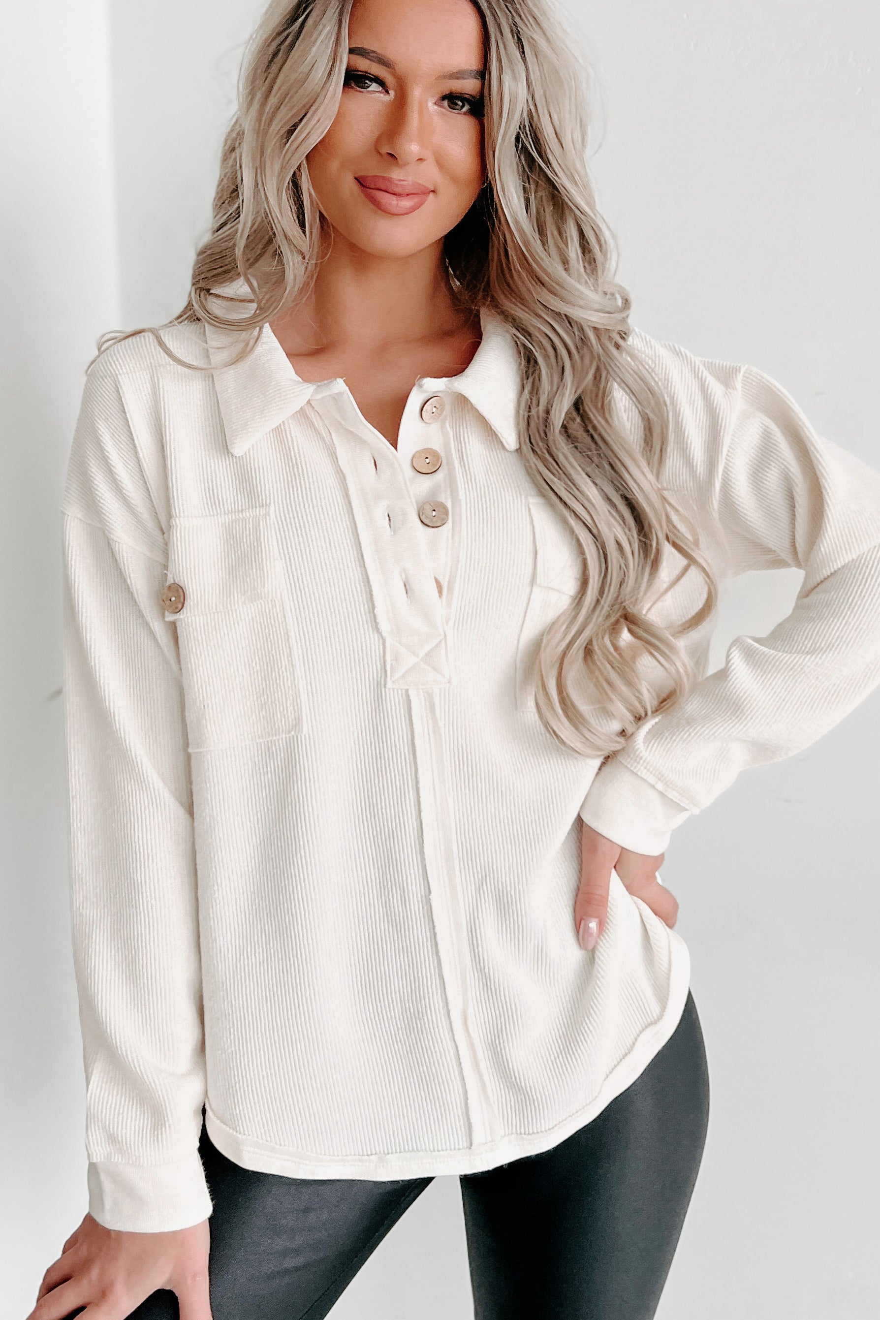 Doorbuster- Changing Lanes Ribbed Collared Long Sleeve Top (Cream) - NanaMacs