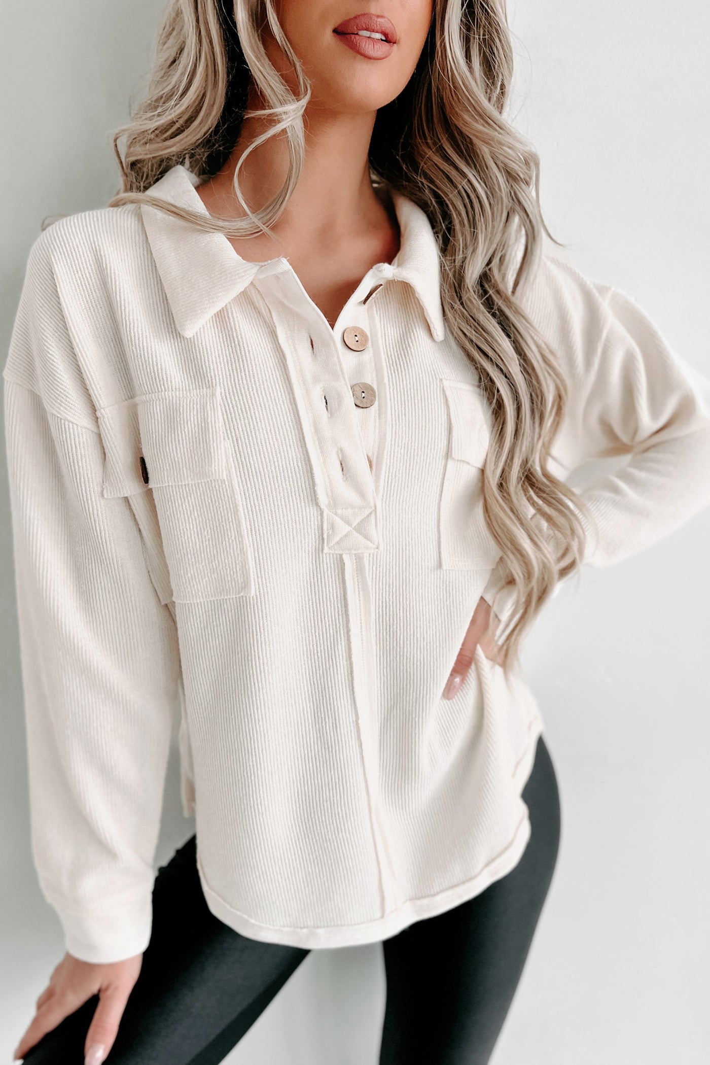 Doorbuster- Changing Lanes Ribbed Collared Long Sleeve Top (Cream) - NanaMacs