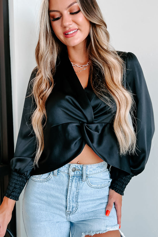 Goal Getter Twist Front Satin Top (Black) - NanaMacs