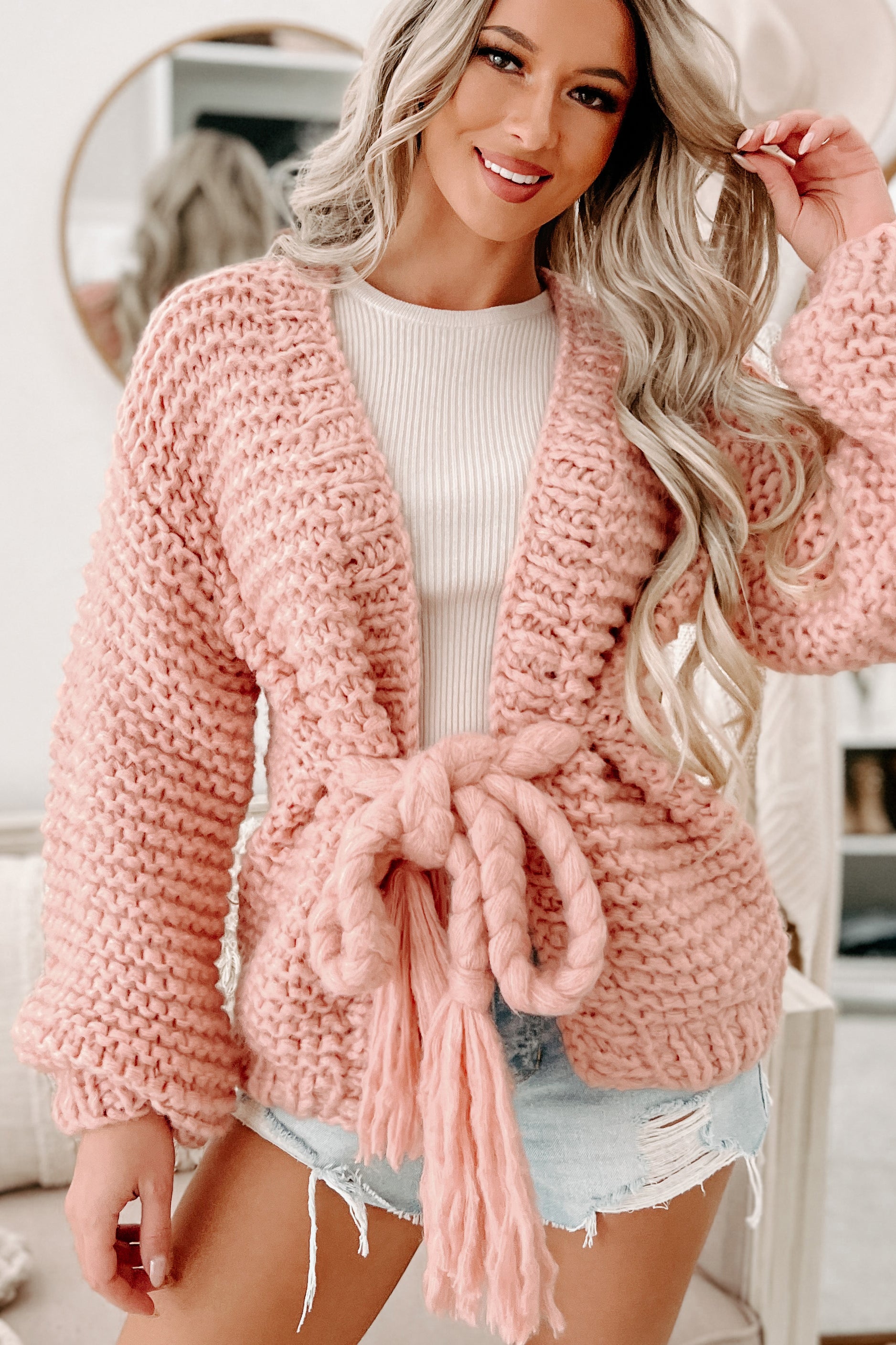 Doorbuster- Cocoa & Cozies Braided Tie Chunky Knit Cardigan (Pink) - NanaMacs