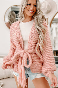 Doorbuster- Cocoa & Cozies Braided Tie Chunky Knit Cardigan (Pink) - NanaMacs