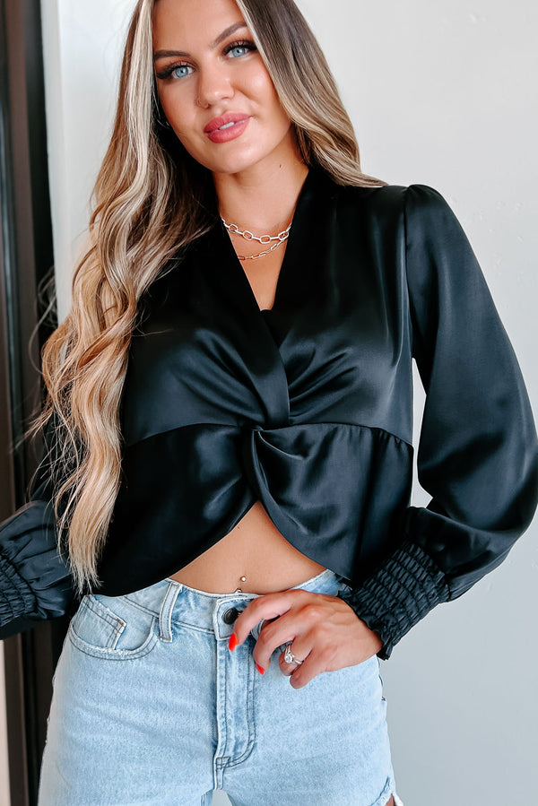 Goal Getter Twist Front Satin Top (Black) - NanaMacs