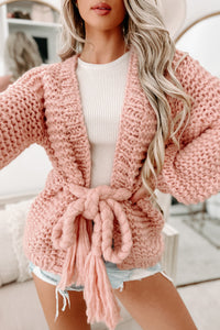 Doorbuster- Cocoa & Cozies Braided Tie Chunky Knit Cardigan (Pink) - NanaMacs