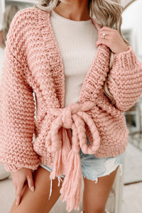 Doorbuster- Cocoa & Cozies Braided Tie Chunky Knit Cardigan (Pink) - NanaMacs