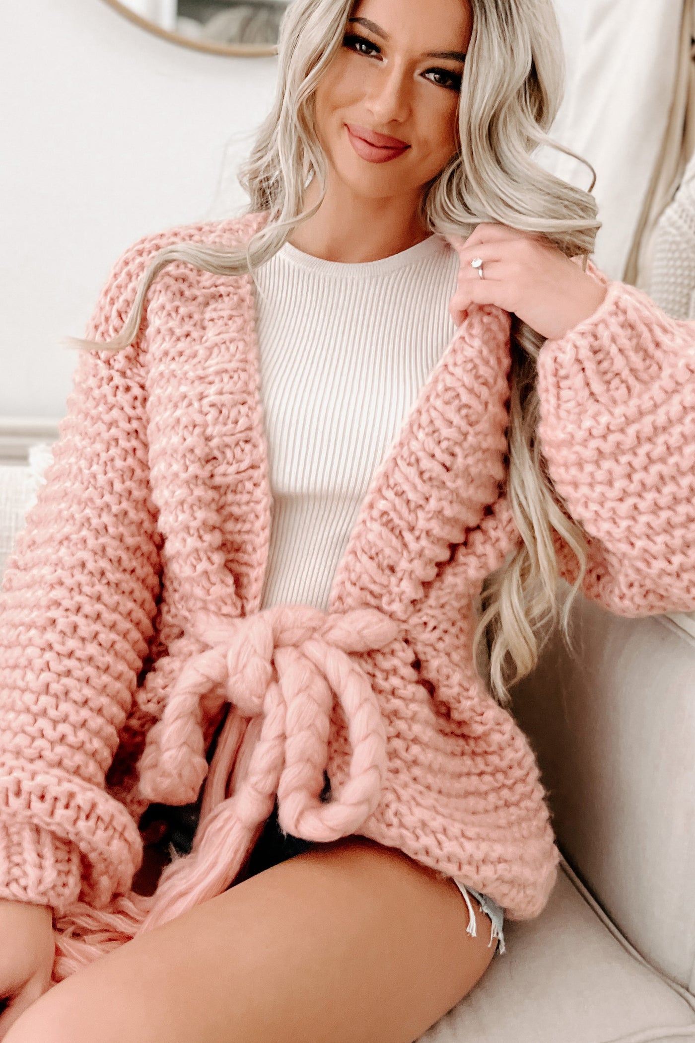 Doorbuster- Cocoa & Cozies Braided Tie Chunky Knit Cardigan (Pink) - NanaMacs
