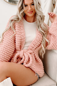 Doorbuster- Cocoa & Cozies Braided Tie Chunky Knit Cardigan (Pink) - NanaMacs