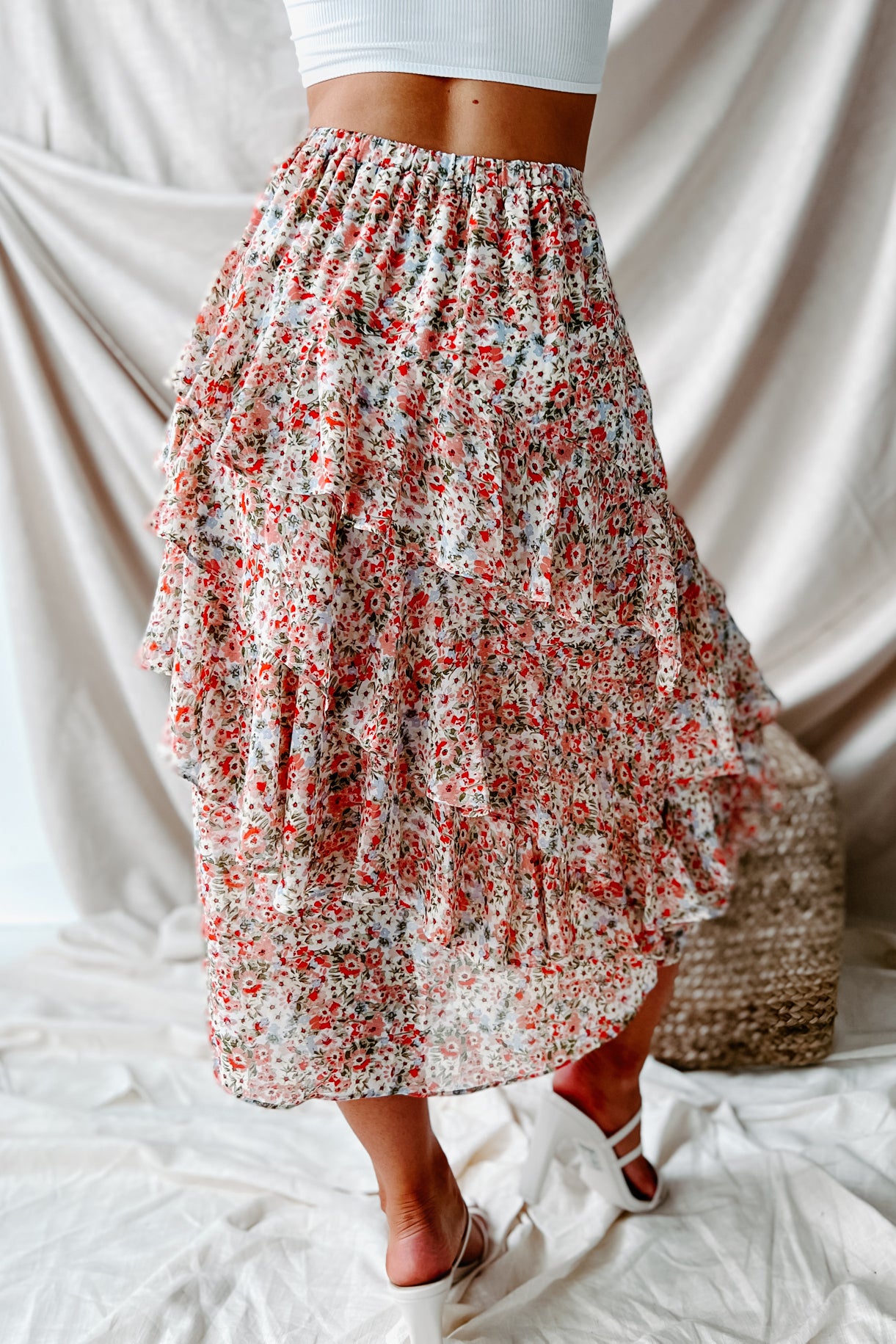 Patience & Persistance Ruffled Floral Midi Skirt (Red/Green) - NanaMacs