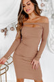 Holiday Steal- Excellent At Everything Off The Shoulder Bodycon Midi Dress (Mocha) - NanaMacs