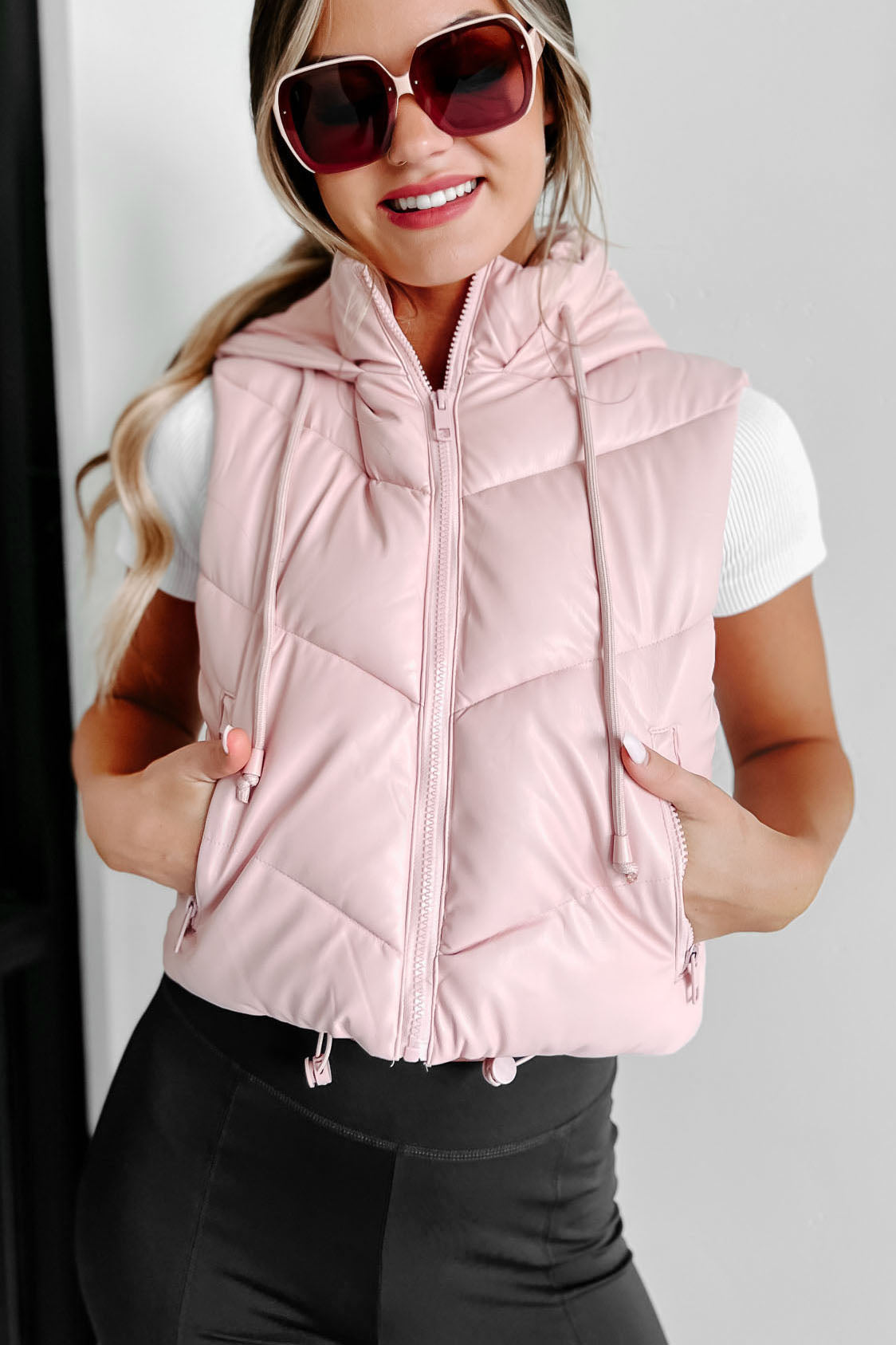 Arctic Chic Hooded Faux Leather Puffer Vest (Pink) – NanaMacs
