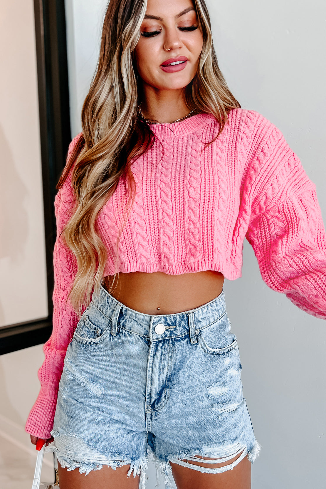 Margie Cropped Cable Knit Sweater (Candy Pink) · NanaMacs