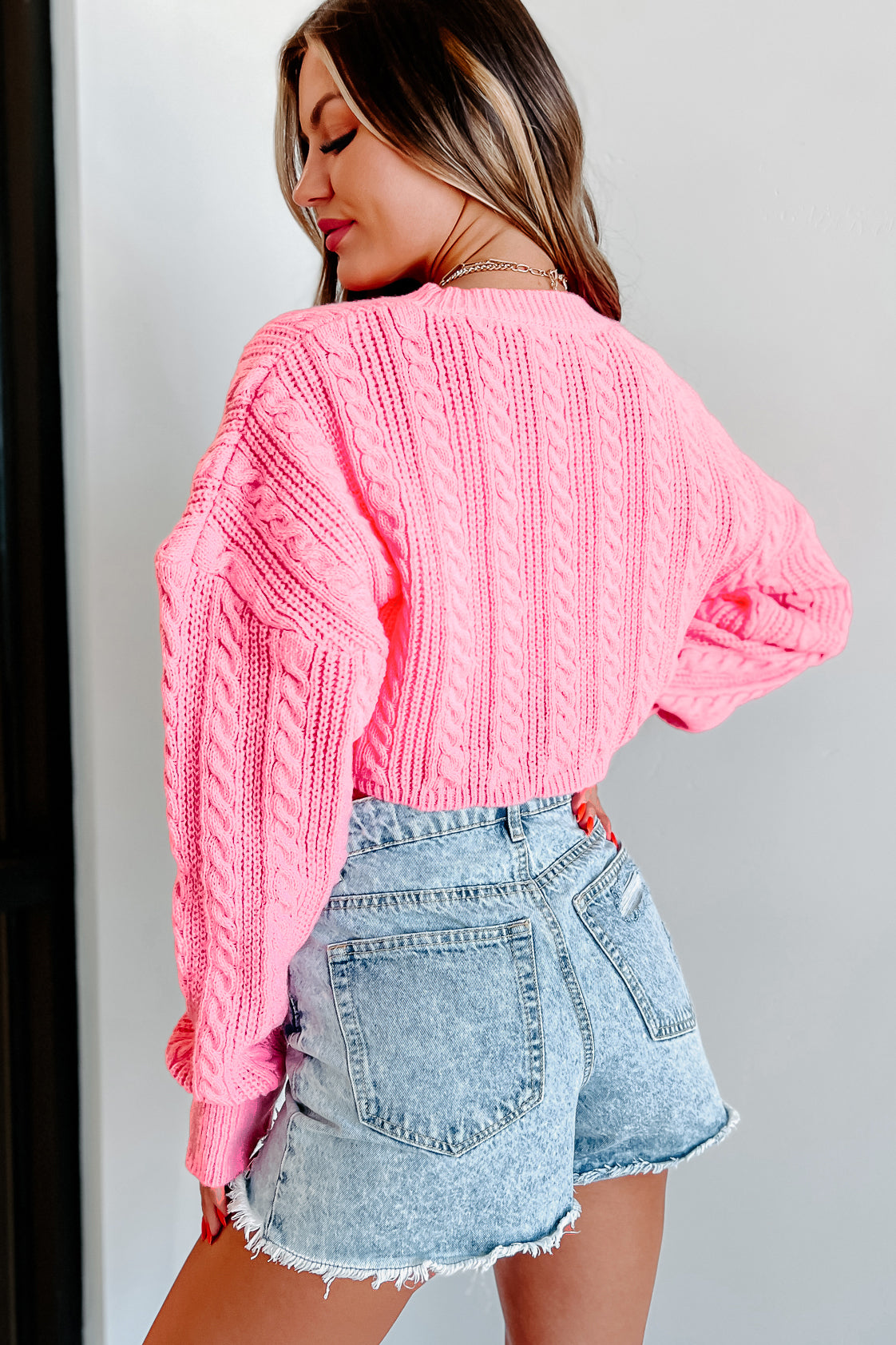Margie Cropped Cable Knit Sweater (Candy Pink) - NanaMacs