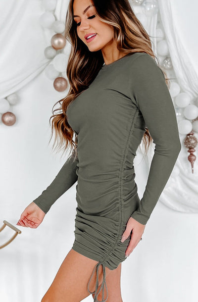 Holiday Steal- Landry Ribbed Long Sleeve Side Ruched Dress (Olive) - NanaMacs