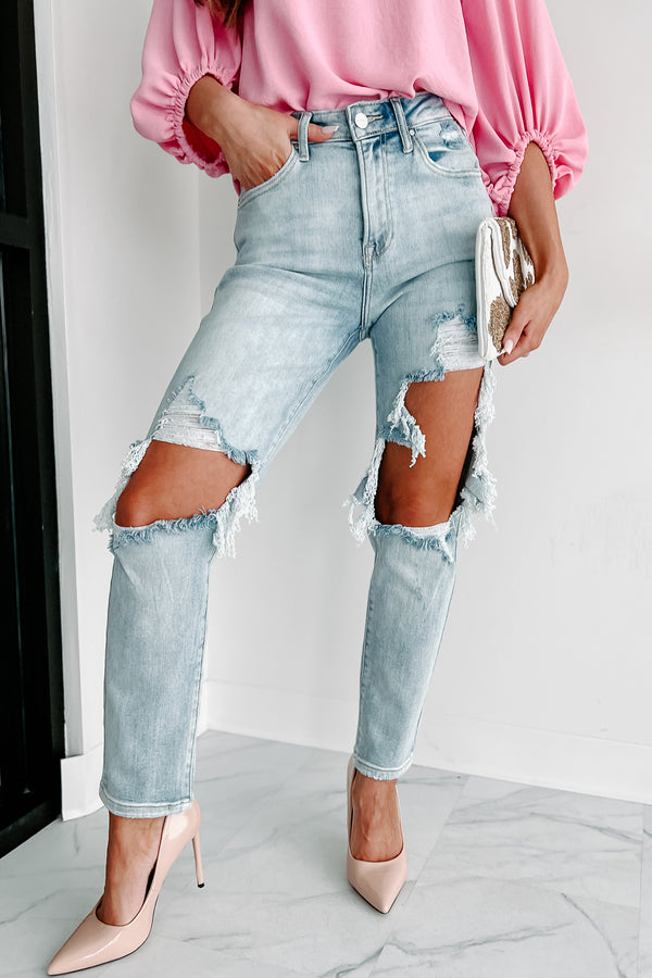 Izetta High Rise Distressed Risen Slim Straight Jeans (Light) - NanaMacs